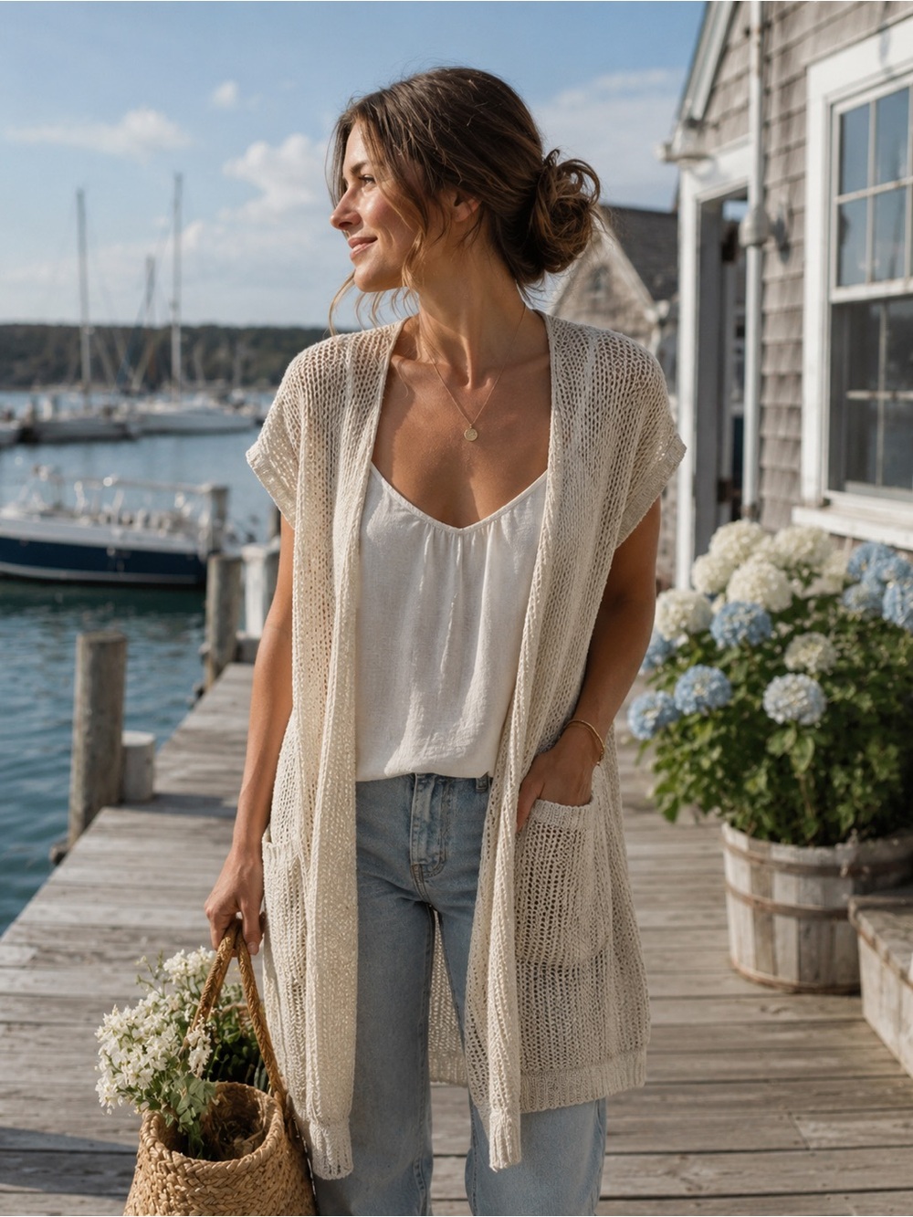 Vintage Open Knit Cardigan Sweater Vest Cottagecore Boho Beige Coastal Grandma